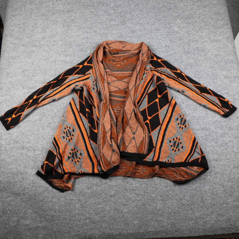 Baciano Cardigan Sweater Womens Medium Orange‎ Black Gray Open Front Aztec Drape